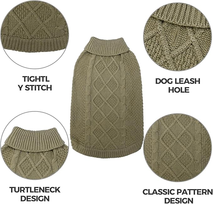 Mihachi Turtleneck Dog Sweater - Winter Coat Apparel Classic Cable Knit Clothes with Leash Hole for Cold Weather, Ideal Gift for Pet in New Year Army Green New SM