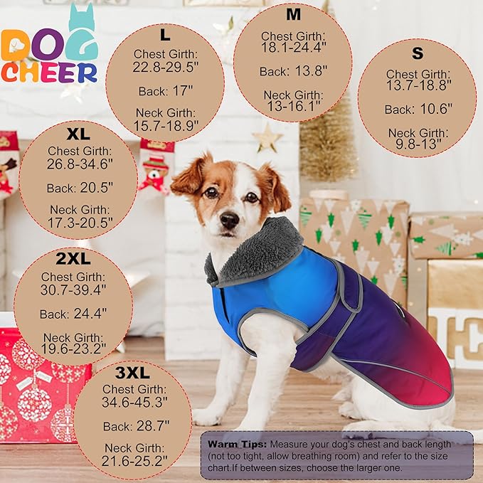 Dogcheer Dog Coat, Waterproof Dog Jacket Reflective Pet Winter Coat with Adjustable Hook & Loop, Christmas Puppy Fleece Jacket Warm Snowsuit for Small Medium Large Dogs - Gradient Blue-red, S