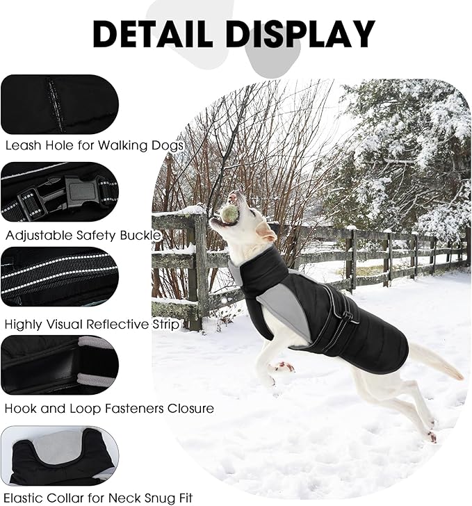 Nanaki Warm Fleece Lined Dog Coats Vests for Winter Waterproof, Furry Collar Dog Jacket with Leash Hole, Reflective Pet Snow Jacket Suit for Outdoor Walking Hunting,Easy On Puppy Coat Beagle, Black L
