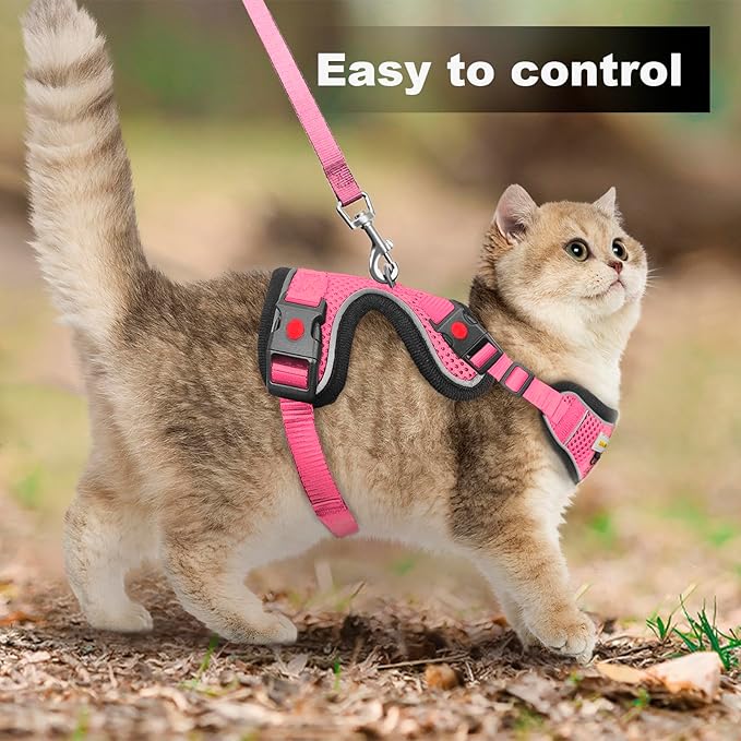 Cat Harness and Leash for Walking, Retractable Cat Harnesses and Leash Set Escape Proof, Breathable Soft Kitten Small Large Harness for Travel Training and Walking, Pink, M