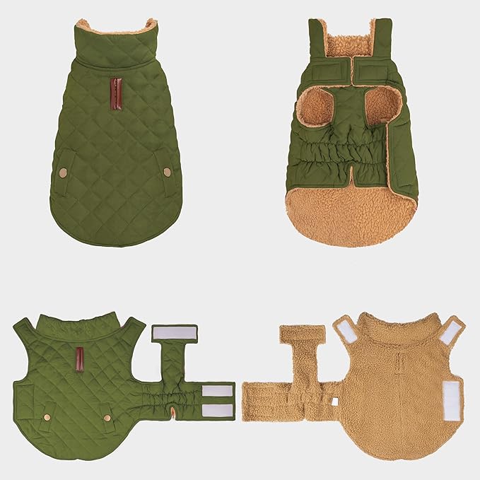 azuza Dog Jacket for Large Dogs Waterproof & Windproof Dog Coat for Small Dogs with Thick Fleece, High Collar with Leash Hole, Adjustable Velcro & Elastic Belly, Army Green 3XL