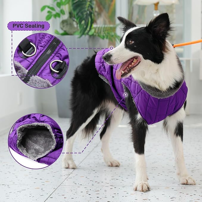 Warm Fleece Dog Coats with Durable Harness Buitl in D-Ring,Waterproof Doggie Jacket for Medium Dogs,Dog Vest for Cold Winter,Purple XL