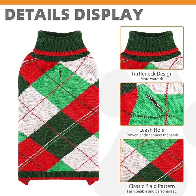 KOOLTAIL Dog Christmas Sweater Pet Knitted Clothes - Classic Plaid Pull Over Turtleneck Dog Sweaters with Leash Hole Warm Dogs Winter Clothing for Small Medium Dogs Cats Puppy Boy Girl Red & Green L