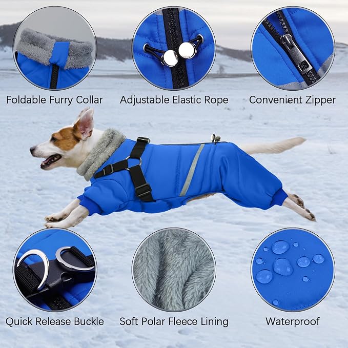 BRKURLEG Blue Dog Winter Coat, Cozy Winter Dog Jackets, Small Dogs Coat with Harness, Onesie Body Warm Puppy Christmas Jacket, Pet Reflective Cold Weather Jackets, Puppy Four-Legged Puffer Coats, XL