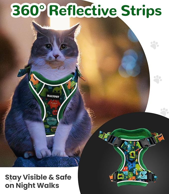 Halypet Cat Harness and Leash Set for Walking, Escape Proof Adjustable Vest Harness with 3-in-1 Integrated Buckles, Easy Control Soft Breathable Mesh with Reflective Strips for Cats, M, Green Monster