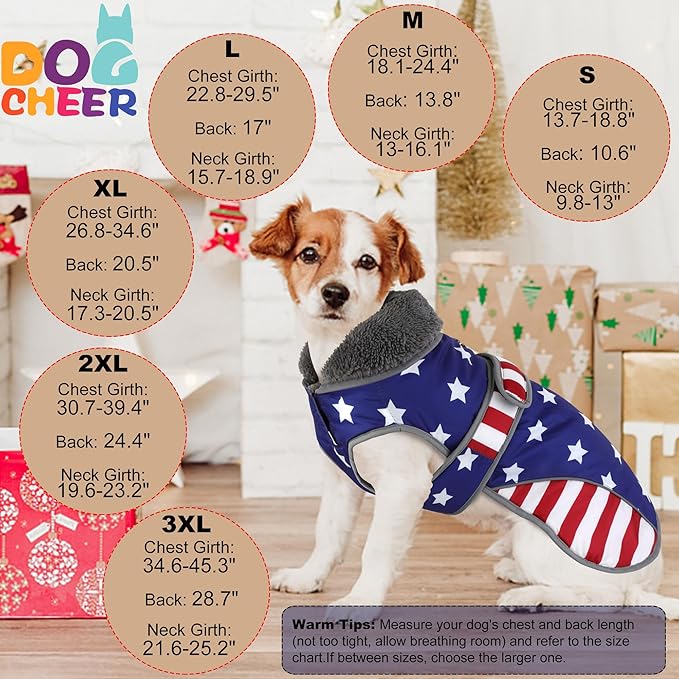 Dogcheer Dog Coat, American Flag Dog Jacket Waterproof Puppy Winter Coat for Cold Weather, Reflective Adjustable Pet Snow Jacket Fleece Sweater for Small Medium Large Dogs - USA Flag, L