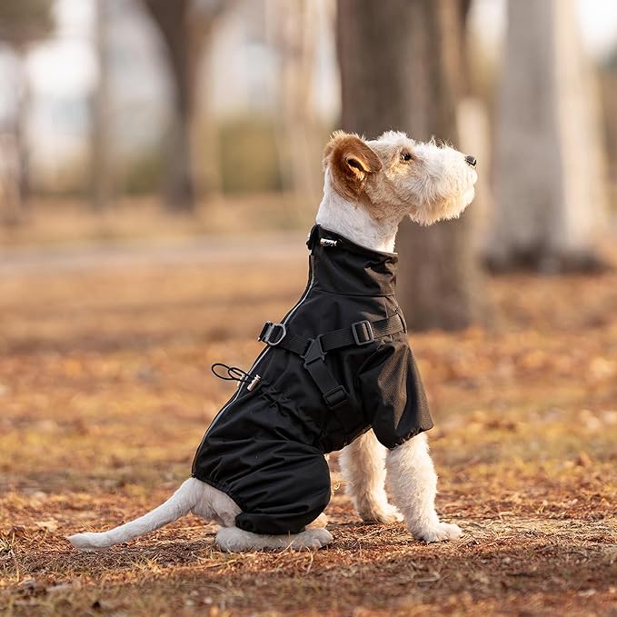 Mile High Life Waterproof Dog Raincoat, Full Coverage Small Dog Rain Coat with Harness, Adjustable 4 Legs Puppy Rain Jacket with Reflective Strip and Elastic Cuffs (Black, XXS Back Length 9.8")