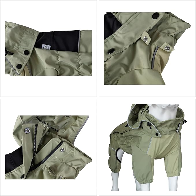 LOVELONGLONG Waterproof Dog Raincoat with Removable Hood – Outdoor Full Body Dog Jacket, Windproof Snowproof Shell Suit – All Season Pet Rain Gear Sage Green 3XL