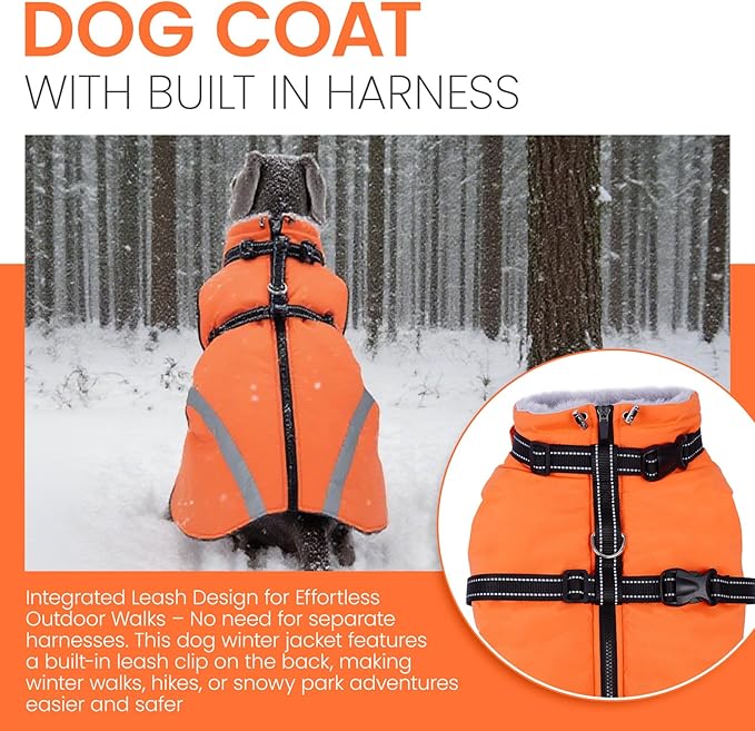 QBLEEV Warm Dog Coat for Medium Dogs, Waterproof Dog Winter Jacket with Built-in Harness & Reflective, Snowproof Warm Coat with Zip Closure, Windproof Neck Drawcord Snow Jackets, Orange, L