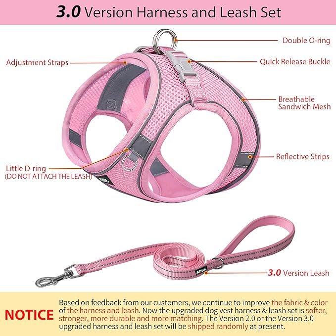 AIITLE Dog Harness, Summer No-Pull Cat Harness with a Leash, Adjustable Reflective Dog Vest, Cat Harness Escape Proof, Outdoor Walking, Camping for Extra Small Dogs and House Cats Pure Pink XXXS