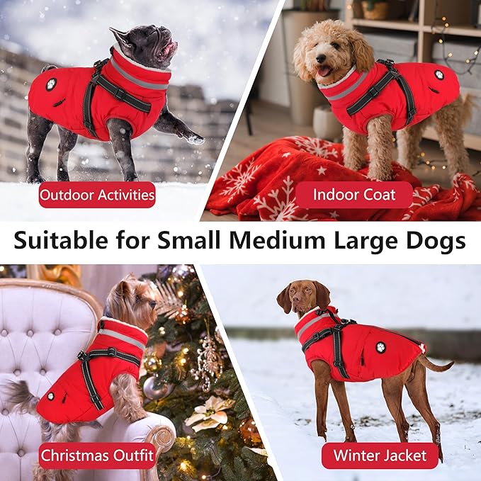 Dogcheer Dog Coat with Harness, Waterproof Dog Jacket, Christmas Puppy Winter Coat with Pocket, Reflective Doggy Turtleneck Puffer Vest for Small Medium Large Dogs - Red, XL