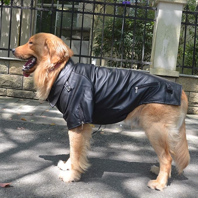 Lovelonglong Cool Dog Leather Jacket, Warm Coats Dogs Windproof Cold Weather Coats for Large Medium Small Dogs, Husky Clothing Black L-M
