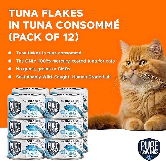 Pure Cravings Tuna Flakes in Tuna Consommé, Canned Wet Cat Food Soup, 100% Mercury-Tested, Moist Can Fish, Grain-Free Protein, Non-GMO, 3oz, Pack of 12