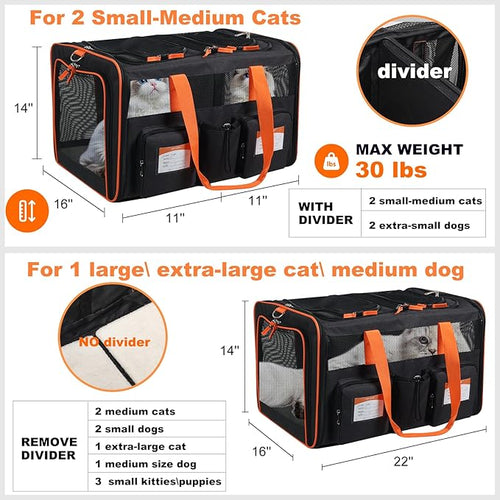 22''(L) x 16''(W) x 14''(H) Large Double pet Carrier for 2 Small-Medium Cats and car Travel,with a Removable Divider,Large Loading top,4 Pockets and Zipper Locks.