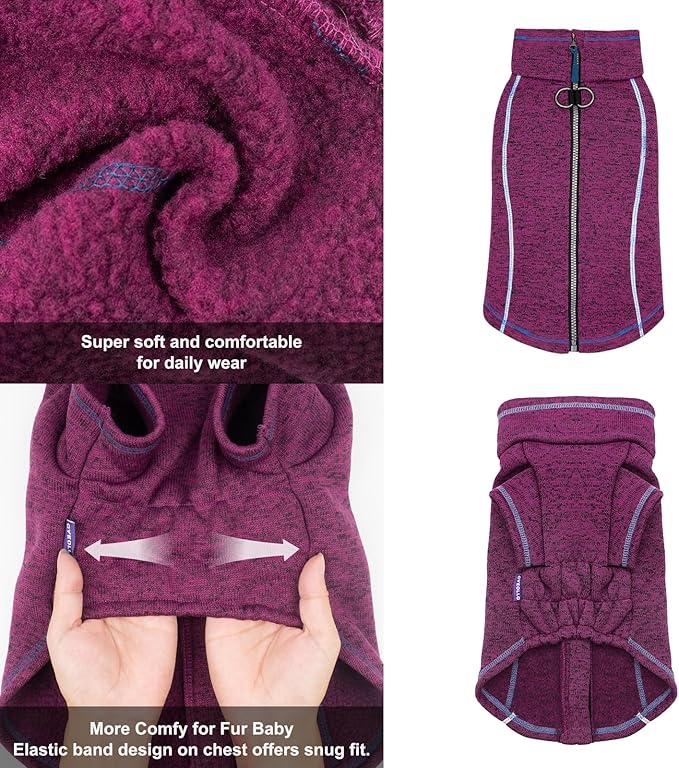 cyeollo Warm Dog Sweater with Zipper, Doggy Reflective Highneck Jackets with D Ring Step in Dog Winter Coats Fleece Female Stretchy Dogs Sweaters Pet Clothes for Medium Dogs, Purple XL