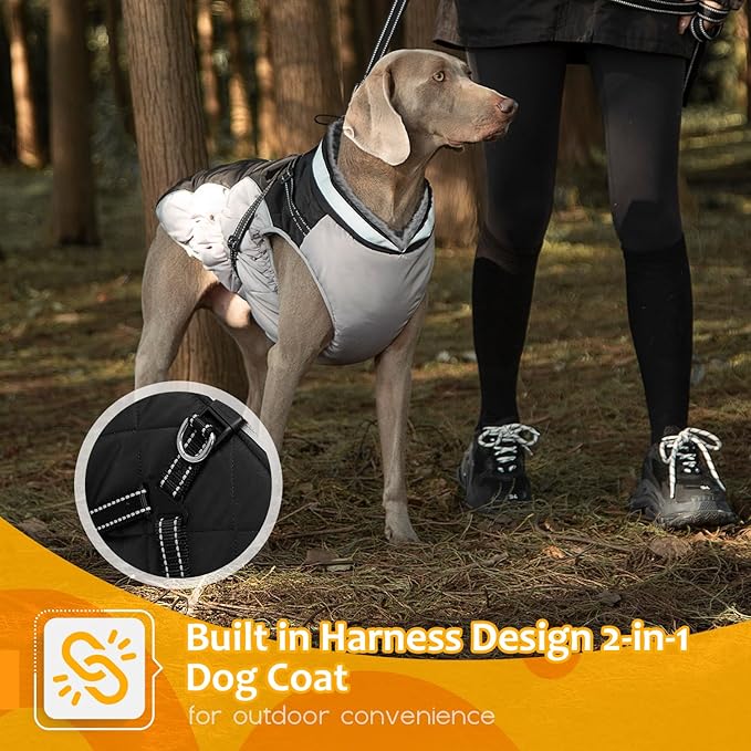 Dog Winter Coat with Harness, Dog Jacket, Pet Clothes with Zipper on Back, Waterproof Windproof Warm Vest, Reflective Cold Weather Coats, for Small Medium Large Dogs, Thick, Black, XL