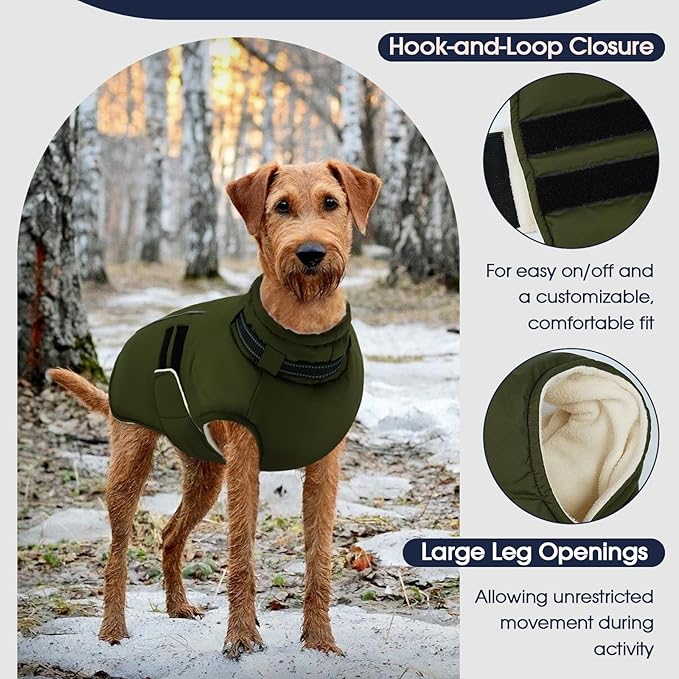 IECOii Waterproof Dog Coat for Medium Dogs, Reflective Dog Jacket with Collar Built in, Thick Fleece Dogs Coat for Winter Easy On Hook & Loop Pet Snowsuit for Hunting, Hiking, Camping, Army Green - L