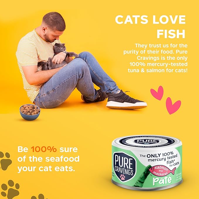 Pure Cravings Salmon and Mackerel Pate, Canned Wet Cat Food, 100% Mercury-Tested, Moist Can Fish, Grain-Free Protein, Non-GMO, 12 Pack