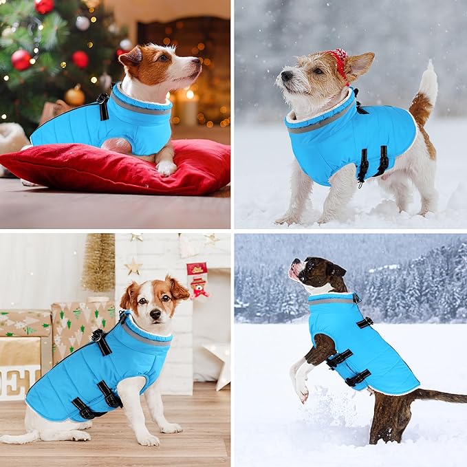 Dogcheer Dog Coat with Harness, Waterproof Dog Jacket Adjustable Pet Winter Coat with Zipper, Christmas Puppy Snow Jacket Fleece Sweater for Small Medium Large Dogs - Sky Blue M