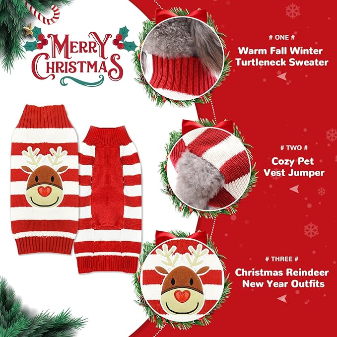 PETCARE Reindeer Christmas Dog Sweater Red Striped Cat Sweater Cartoon Elk Pet Vest Holiday Dog Clothes Puppy Sweaters for Small Medium Large Dogs Cats Fall Winter Outfits Xmas Dogs Costume,Small