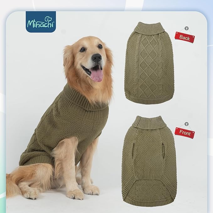 Mihachi Turtleneck Dog Sweater - Winter Coat Apparel Classic Cable Knit Clothes with Leash Hole for Cold Weather, Ideal Gift for Pet in New Year Army Green New ML