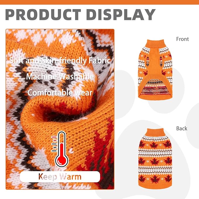 KOOLTAIL Cable Knit Dog Sweater Turtleneck, Cold Weather Pullover Classic Knitwear, Thick Warm Winter Pet Clothes, Fall Maple Leaves Thanksgiving Dog Sweater for Small Medium Large Dogs Cats,Orange XL