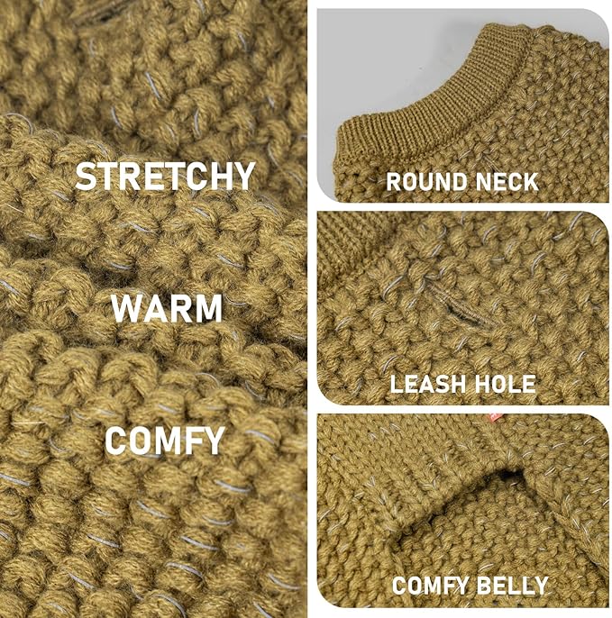 KYEESE Dog Sweater with Leash Hole for Small Dogs Male Warm Pullover with Reflective Thread Soft Knitwear Boy Dog Clothes Cozy Lightweight Thick Sweater Pet Indoor Outdoor Wear,Brown,X-Small
