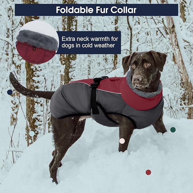 IECOii Dog Coat for Large Dogs, Reflective & Adjustable Turtleneck Jacket with Buckle, Thermal Fleece Lined Dog Snowsuit for Cold Weather - Soft Dogs Winter Coat Windproof Warm Vest, Burgundy, L