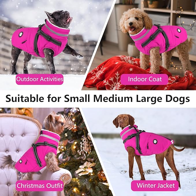 Dogcheer Dog Coat with Harness, Waterproof Dog Jacket Christmas Pet Winter Coat with Pockets, Reflective Doggy Turtleneck Fleece Jacket for Small Medium Large Dogs - Pink, XL