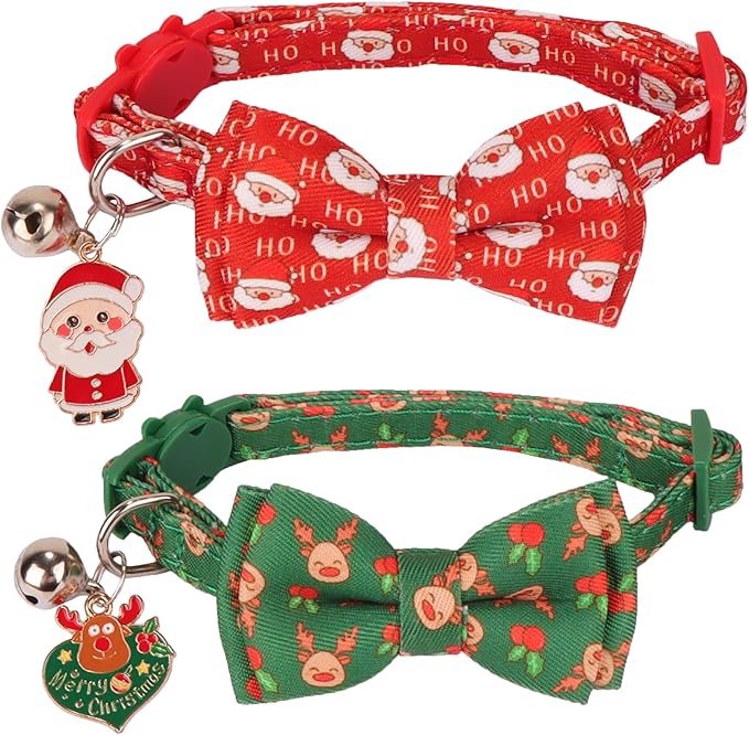 ADOGGYGO Christmas Cat Collar with Removable Bow Bell, 2 Pack Red Green Santa Reindeer Christmas Collars for Cat Kitten