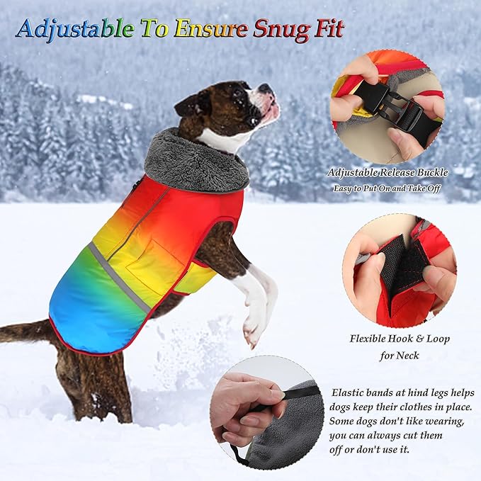 Dogcheer Warm Dog Coat, Waterproof Dog Winter Jacket Christmas Puppy Cold Weather Coats with Buckle, Reflective Adjustable Pet Snow Jacket for Small Medium Large Dogs - Gradient Red-Yellow, L