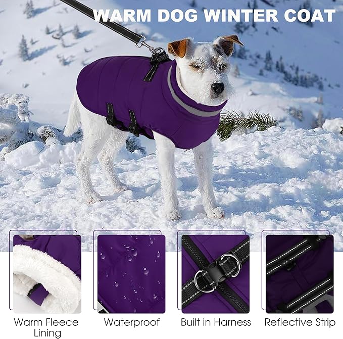Small Dog Coat with Harness Built-in, Waterproof Reflective Fleece Lined - Warm Windproof Winter Jacket with Back Zipper, Cold Weather Snow Dog Coats - Purple - S