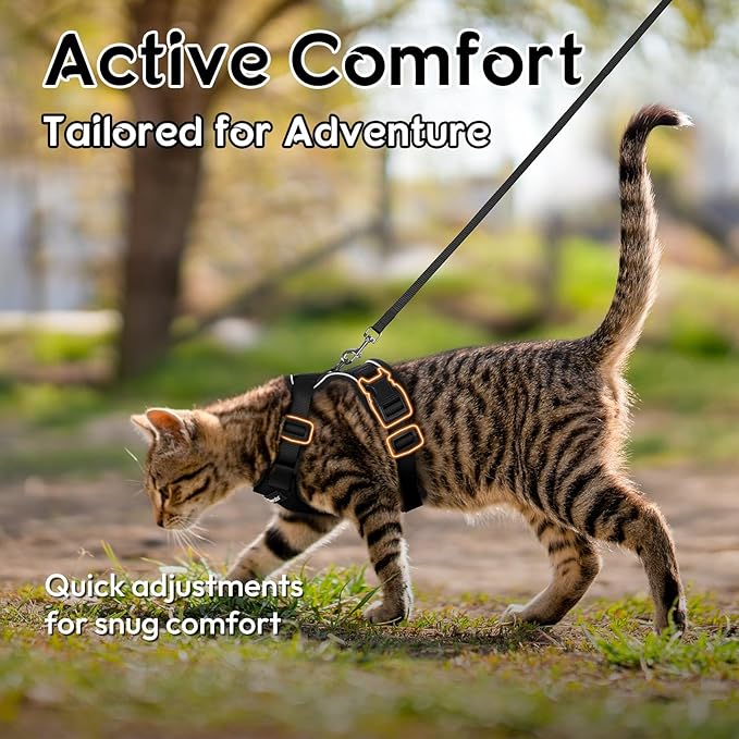 Dooradar Cat Harness and Leash Set, Escape Proof Safe Adjustable Kitten Vest Harnesses for Walking, Easy Control Soft Breathable Mesh Jacket with Reflective Strips for Cats, Black, S