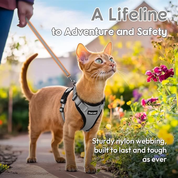 Dooradar Cat Harness and Leash Set, Escape Proof Safe Adjustable Kitten Vest Harnesses for Walking, Easy Control Soft Breathable Mesh Jacket with Reflective Strips for Cats, Grey, XXS