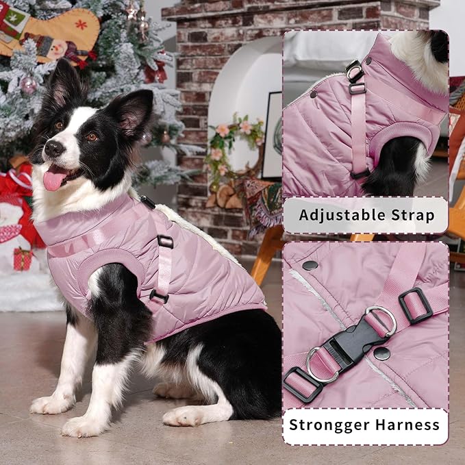 Dog Jacket with Harness,Fleece Lined Warm Puppy Coat for Winter,Soft Windproof Medium Dog Vest,Light Pink XL