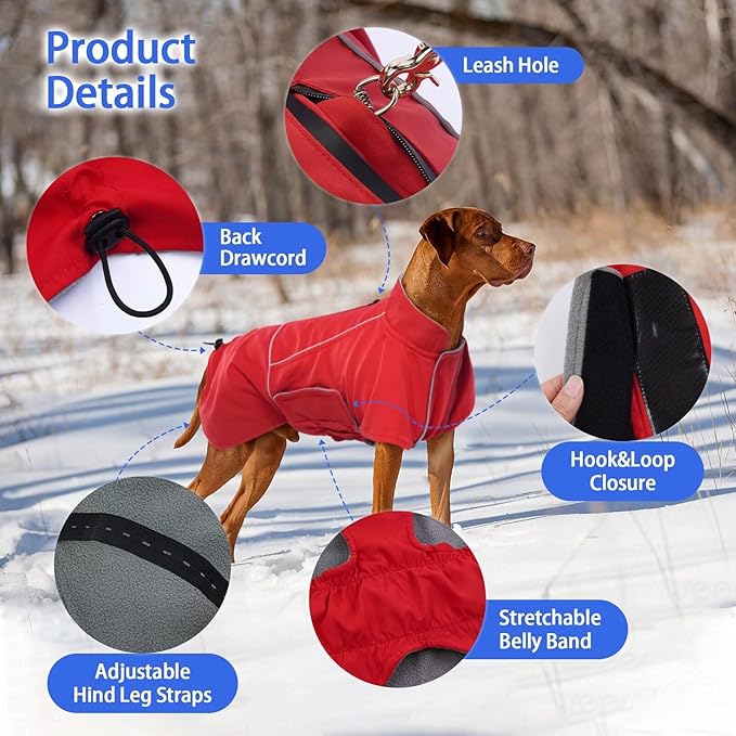 MIGOHI Waterproof Dog Jacket,XL Dog Coat,Reflective XL Fleece Jacket for Dogs,Extra Large Winter Coat Snowsuit,Large Snow Clothes for Dogs Male Female,Australian Shepherd,Beagle,XL,Red