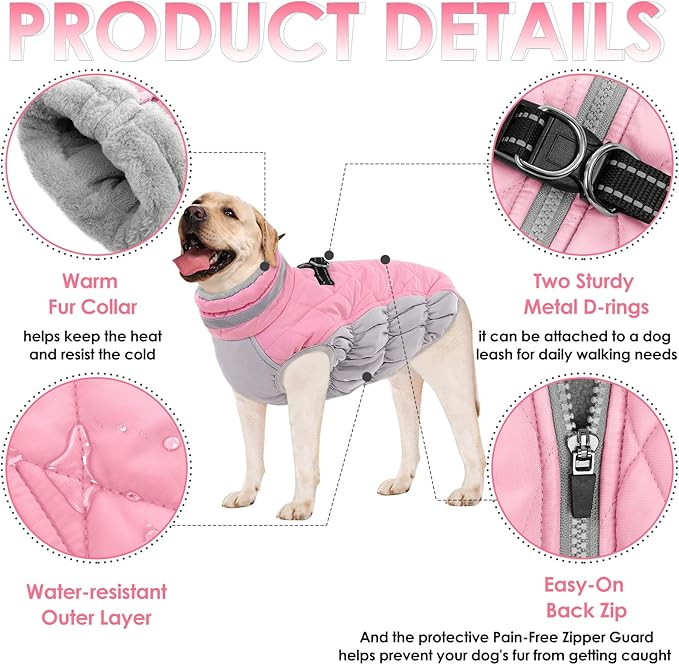 AOFITEE Dog Coat, Warm Dog Winter Coat for Small Dogs, Reflective Turtleneck Dogs Jacket with Harness Built in, Waterproof Windproof Pet Fleece Vest Snow Jacket for Cold Weather, Pink S