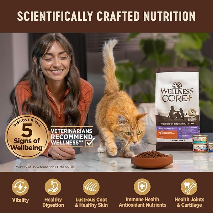 Wellness CORE+ Adult Dry Cat Food for Indoor Cats, Grain Free, Natural, Chicken, Turkey & Chicken Meal (11 Pound Bag)
