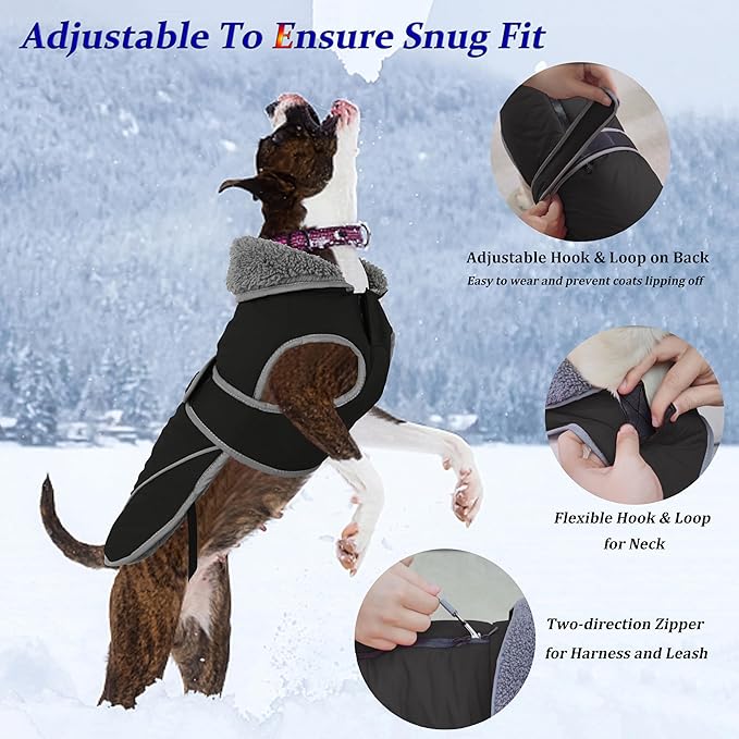 Dogcheer Dog Coat, Waterproof Dog Jacket Reflective Pet Winter Coat with Adjustable Hook & Loop, Christmas Puppy Fleece Jacket Warm Turtleneck Snowsuit for Small Medium Large Dogs - Black, 2XL
