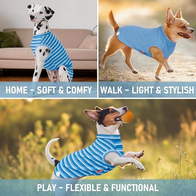 KYEESE 2Pack Waffle Dog Shirts Stretchy Dog T-Shirts Lightweight Dogs Tank Top Sleeveless Striped Dogs Shirt Vest Breathable, XX-Large, Blue+Striped