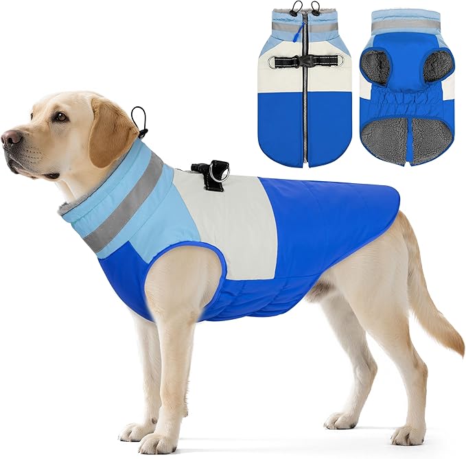 Dog Winter Coat, Reflective Dog Coats for Large Dogs, Waterproof Windproof Pet Clothes Jacket with Harness Built in, Warm Cold Weather Coats, Dogs Snowsuit Vest, Blue XX-Large