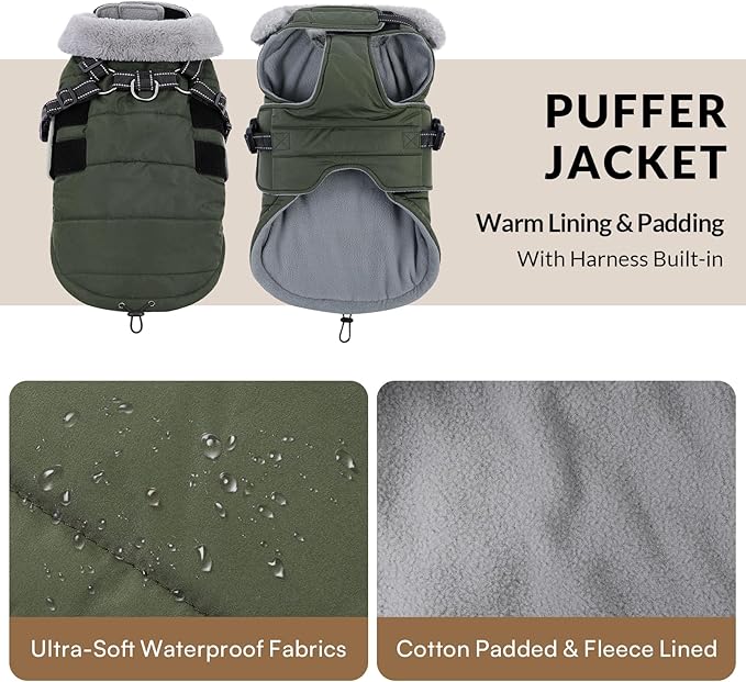 Queenmore Winter Dog Jackets for Large Dogs XXL, Waterproof Winter Coat for Extra Large Pitbull/Great Danes, Warm Puffer Snow Jacket for Cold Weather - Fleece Lining Velcro Closure Reflective, Green