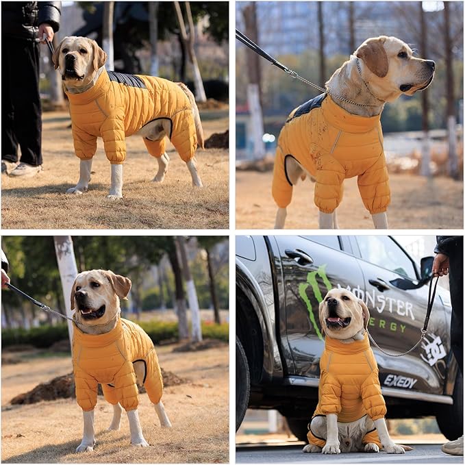 Lovelonglong Dog Coat, Warm Jacket, 4 Legs Covered Waterproof Windproof Reflective Vest, Zippered Adjustable Outdoor Snow Jacket for Small Medium Large Dogs, Yellow, M