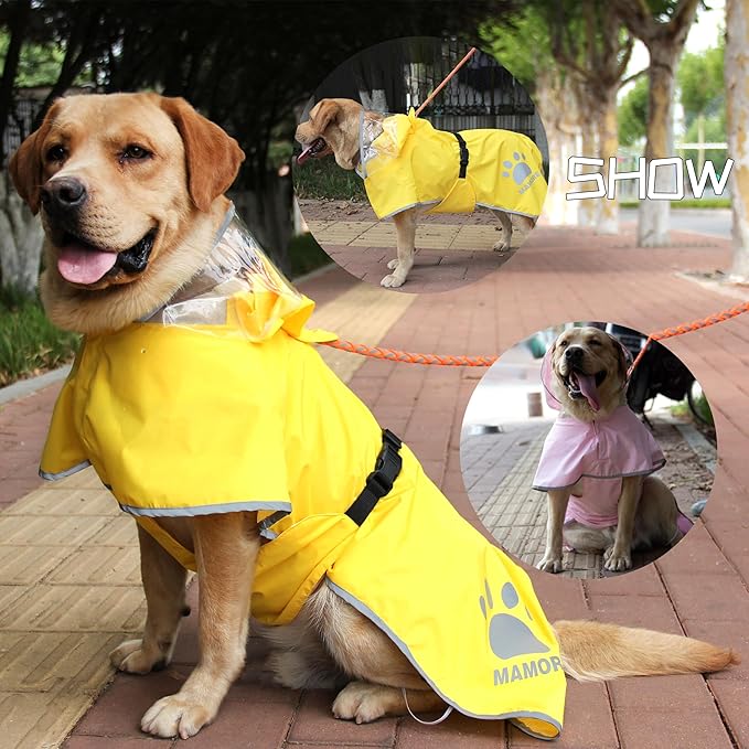 MAMORE Dog Raincoat Waterproof, Lightweight Adjustable Dog Rain Coat Hooded Poncho with Reflective Strip for Large Medium Small Dogs (Yellow, Small)