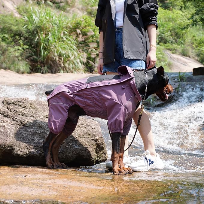 LOVELONGLONG Waterproof Dog Raincoat with Removable Hood – Outdoor Full Body Dog Jacket, Windproof Snowproof Shell Suit – All Season Pet Rain Gear Plum Purple XXS