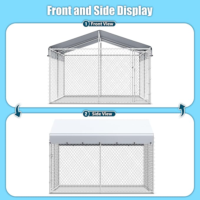 10x10ft Large Dog Kennel Outdoor, Heavy-Duty Outside Dog Kennel with Roof, Security Latch-Lock Door, Chain-Link Dog Enclosure Dog Run for Yard with Cover