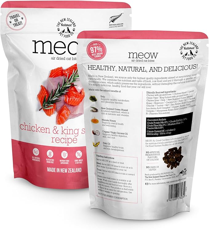 The New Zealand Natural Pet Food Co Meow e - Chicken & King Salmon Recipe, Dry Cat Food Use as a Complete Diet, Topper, Mixer, or as Cat Training Treats, All Life Stages, 3.5 oz