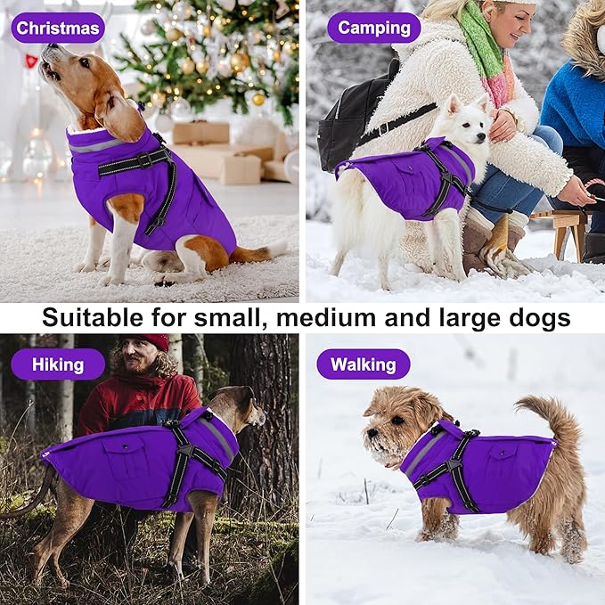 Dogcheer Dog Coat with Harness, Waterproof Warm Dog Winter Jacket with Pockets, Reflective Pet Fleece Jacket Turtleneck Snowsuit for Small Medium Large Dogs - Purple, XL