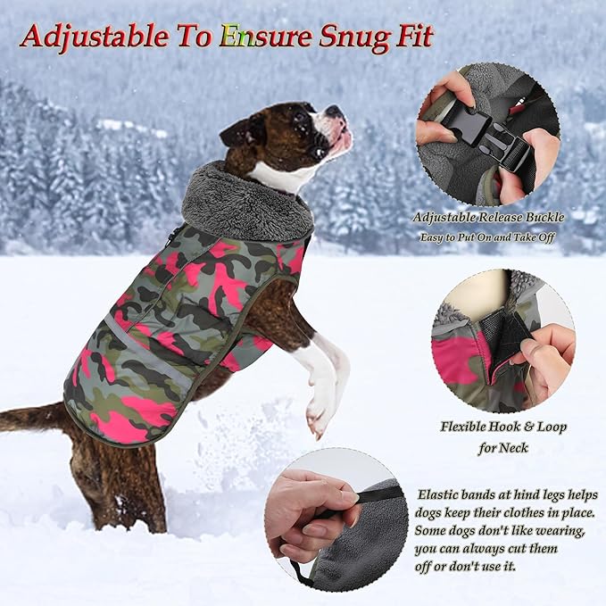 Dogcheer Warm Dog Coat, Waterproof Dog Jacket Reflective Adjustable Puppy Winter Coat with Buckle, Christmas Pet Snow Jacket Turtleneck Fleece Sweater for Small Medium Large Dogs - Camo Pink, 2XL