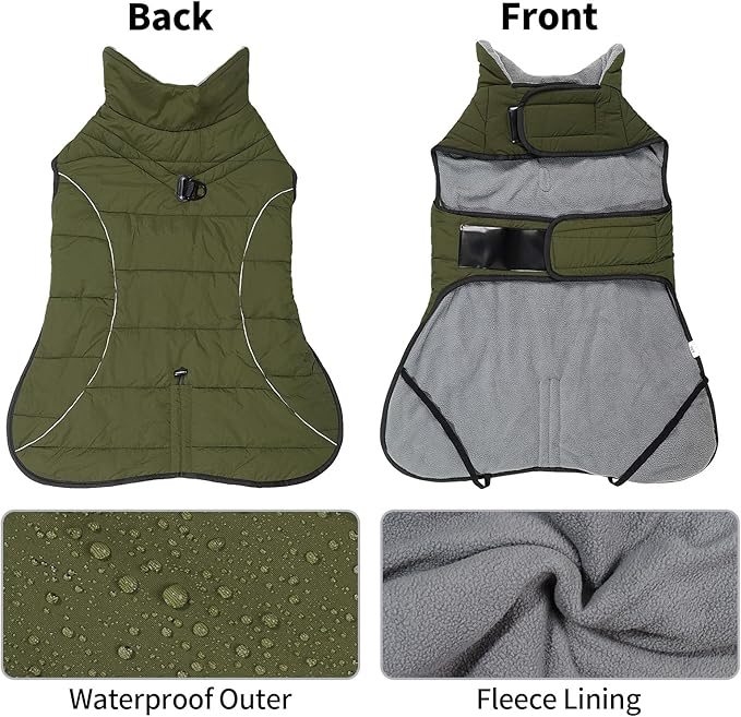 HEYWEAN Dog Winter Coat - Waterproof Windproof Reflective Vest for Medium & Large Breeds Adjustable Warm FleeceLined Jacket with Magic Tape & D-Ring for Leash Cold Weather Apparel (Green, Small)